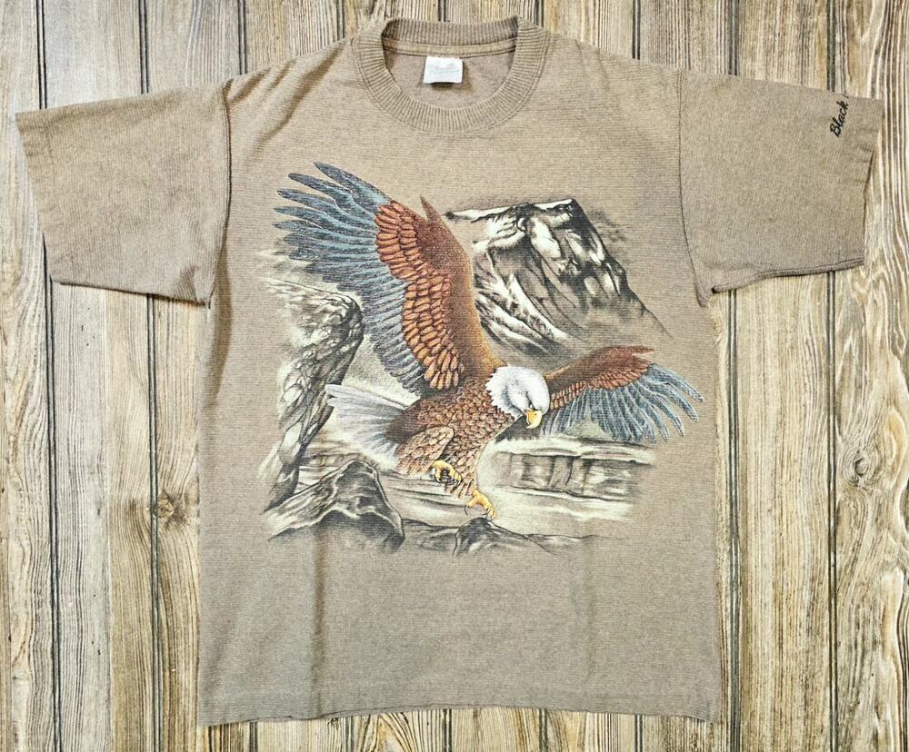 VTG Hazelwoods Brown GRAPHIC TEE Soaring Eagle T-Shirt L Black Hills SD Ribbed